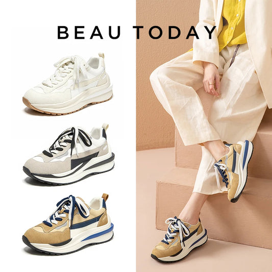 BeauToday Casual Sneakers Women Cow Suede Synthetic Leather Patchwork Mixed Colors Lace-Up Round Toe Ladies Waffle Shoes 29439
