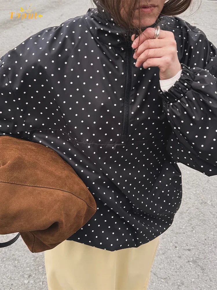 Black Polka Dot Half Zip Pullover Coat Women Loose Fit Puff Sleeves Outfit 2025 New Fashion Street Daily Autumn Outerwear 2025