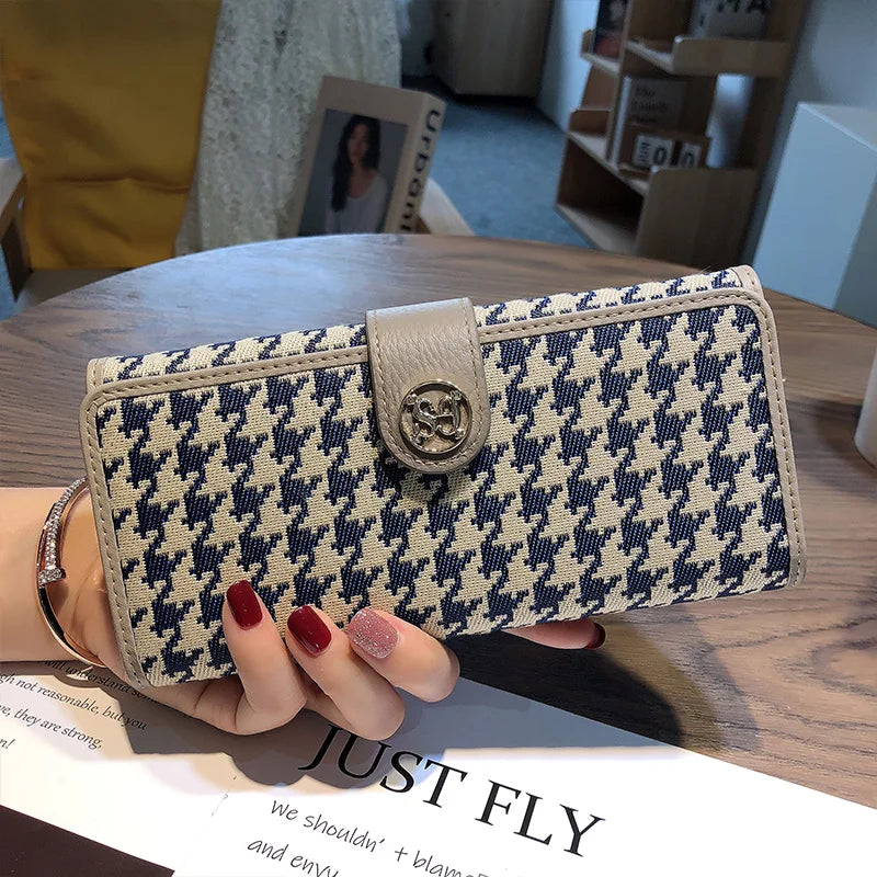 2024 New Genuine Leather Women Wallets Houndstooth Embroidery Long Wallet Excellent Cowhide Billfold For Cell Phone Clutch Bags