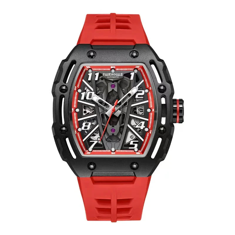 2025 Fashion Skeleton Automatic Watch Men Sports Silicone Strap Tonneau Red Wristwatch Man Luxury Mechanical Clocks Reloj Hombre