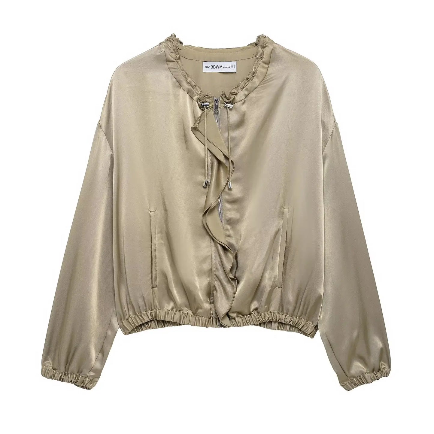 DUOPERI Women Fashion Spring New Khaki Ruffled  Jackets Vintage O-Neck Long Sleeves Female Chic Lady Outfits
