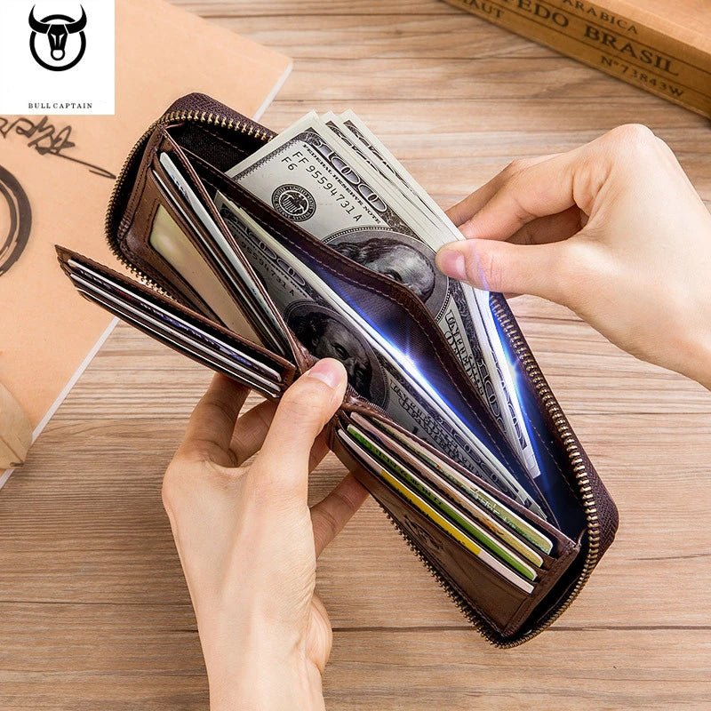 Bullcaptain Genuine Leather Men Short Wallet Casual Men's Coin Purse Vintage Male Zipper Card Holder Luxury Money Bags JYB022
