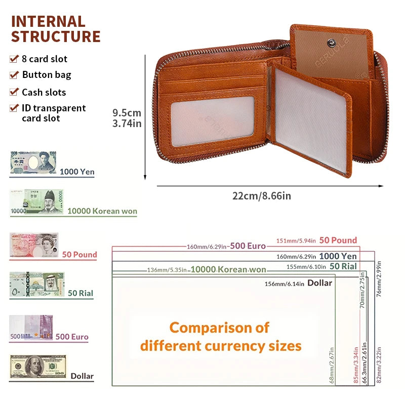 Wallet for men 2024 new genuine leather zipper wallet, change card bag, all-in-one wallet, trendy short clip for men