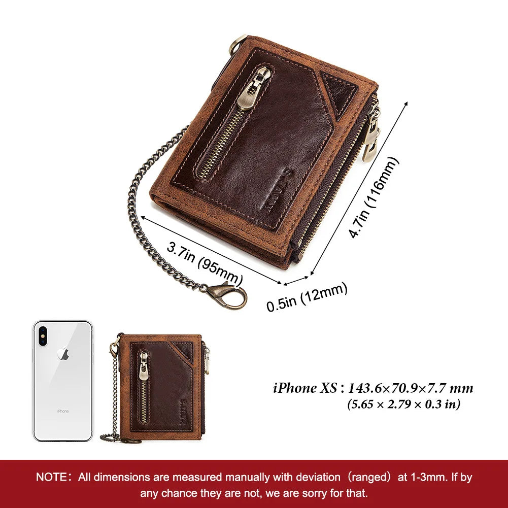 Cowhide Leather Men Short Wallet Zipper Rfid Bifold Coin Purse Credit Card Holder For Male Vintage Chain Clutch Money Bag JYE447