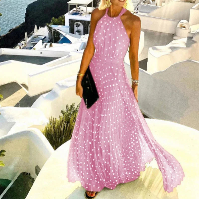 Fashion Sexy Halter Print Pleated Long Dress Women Sweet O Neck Beach Cover-Ups Robe Summer Sleeveless Casual Boho Maxi Sundress
