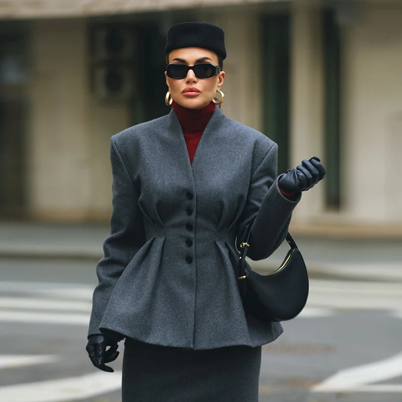 Elegant Solid Blazer Coat for Women Fashion Single Breasted V Neck Slim Jackets 2025 Spring Lady All-match Casual Tops Outwear