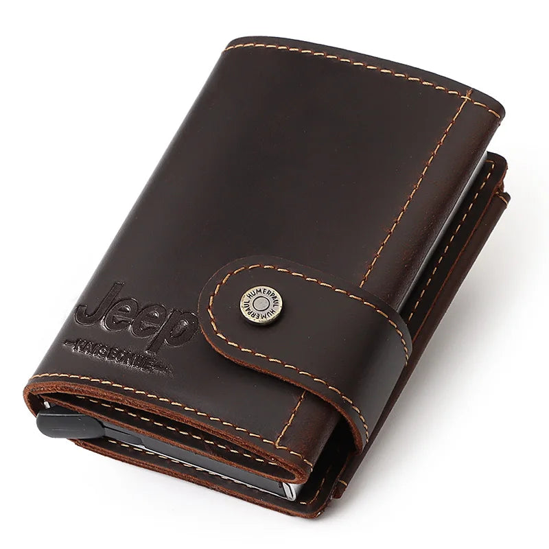 Cowhide Leather Pop-Up Credit Card Holder RFID Blocking Bank Card Case Minimalist Wallet for Men Money Clip with Coin Pocket
