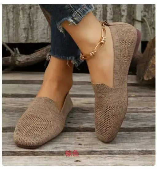 Flat Mesh Knitted Striped Flats Shoes for Women Autumn New Light Slip on Flat Casual Shoes Ladies Square Toe Breathable Sneakers