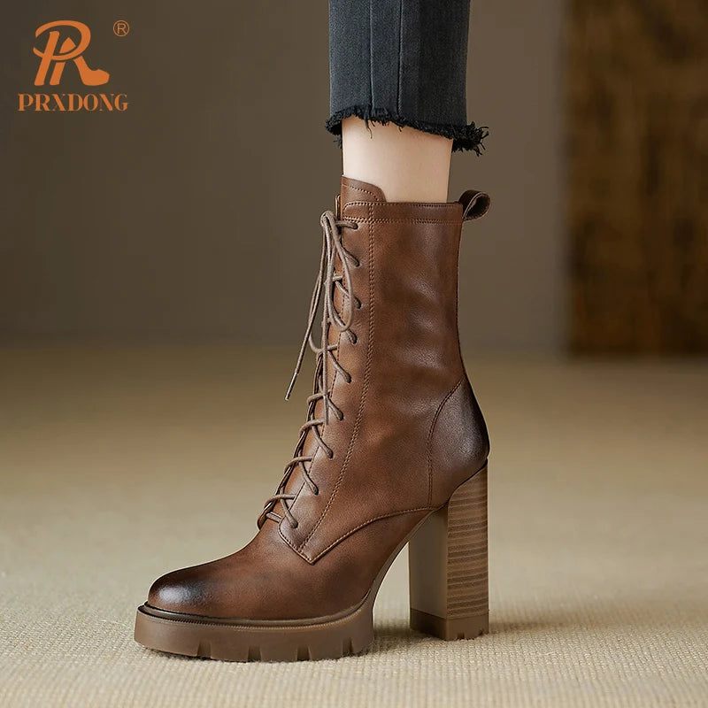 PRXDONG Women's Shoes New Brand Genuine Cow Leather Square High Heels PLatform Shoes Woman Ankle Boots Black Brown Retro Autumn