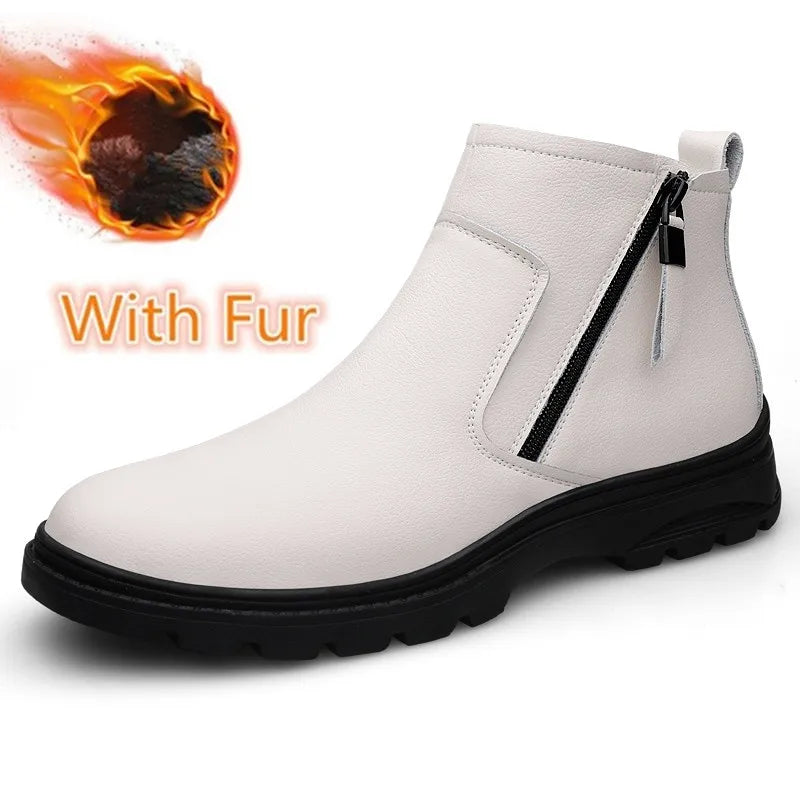 Genuine Leather Mens Shoes Side Zipper Basic Boots Chelsea Ankle Botas Trendy Wedding Comfy Dress Shoes Suit White Men's Boots