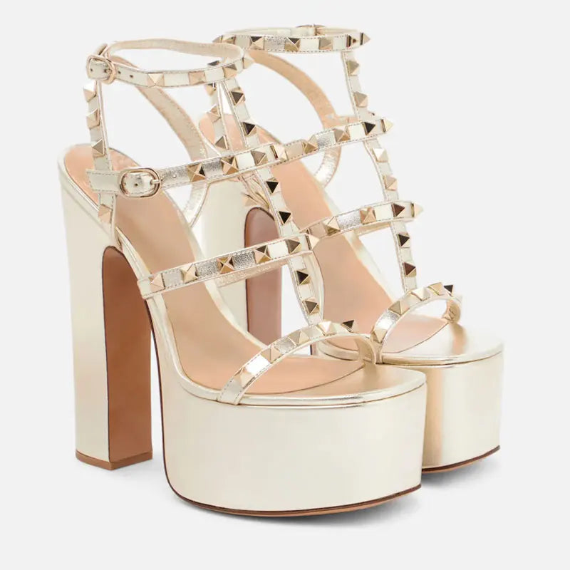 Arden Furtado 2025 Summer Round head Platform Rivet Super high heel Belt buckle Open toe Roman sandals Large size