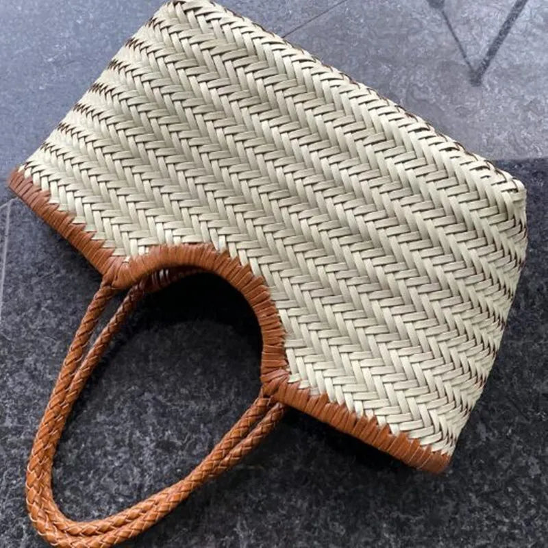 Fashion Leather Handbags Women's Leather Weaving Casual Shopping Bag Vintage Basket Tote Purse Cowhide Cross Shopping bag