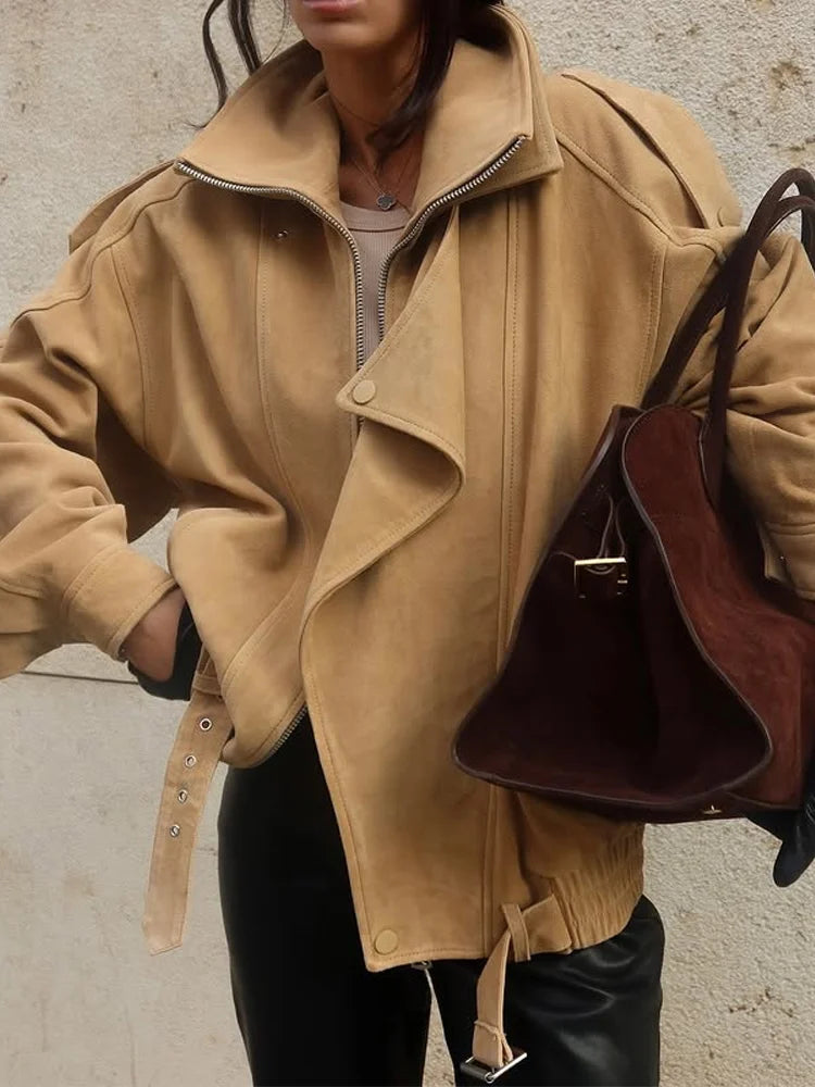 Vintage Women's Belt Short Suede Jackets Loose Lapel Zipper Full Sleeve Zipper Coat Female 2025 Autumn Lady Commute Outwear