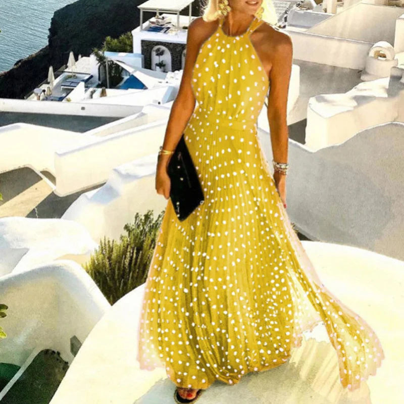 Fashion Sexy Halter Print Pleated Long Dress Women Sweet O Neck Beach Cover-Ups Robe Summer Sleeveless Casual Boho Maxi Sundress