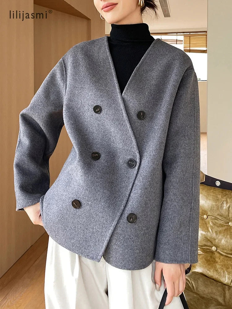 Women 100 Wool Tops Coat Fashion V-neck Short Coats Woolen Jacket Hand Sewing Autumn Winter Wool Blazer Double-Breasted #22