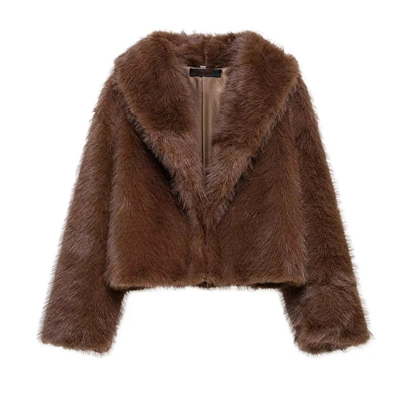 Brown Lapel Faux Fur Short Coat Women Fluffy Long Sleeve Warm Thick Loose Jacket 2025 Autumn Winter Lady High Street Outwear ﻿