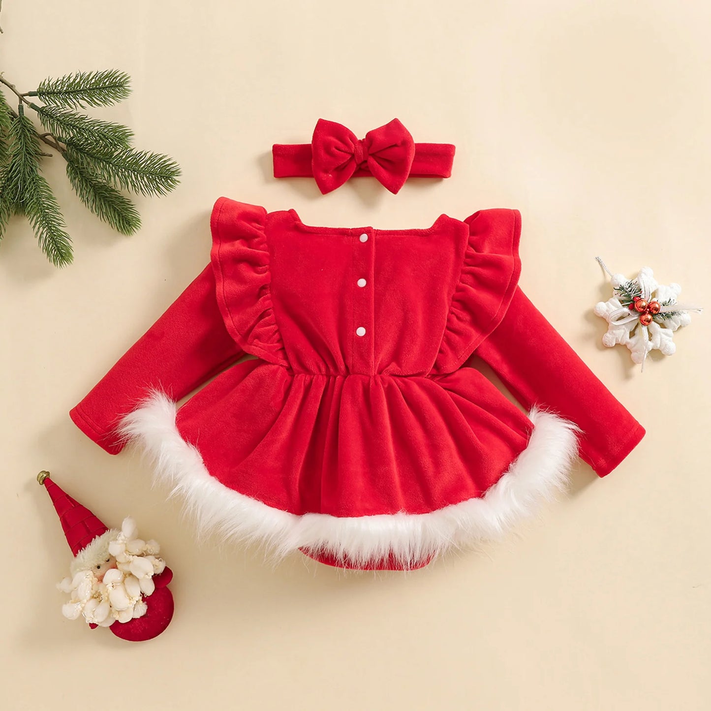 Infant Baby Girls Romper Dress Terry Trim Ruffled Long Sleeve A-Line Dress with Bow Headband Adorable Christmas Clothes Outfits