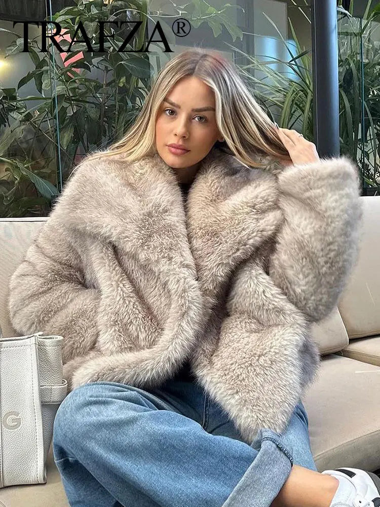 TRAFZA Women Faux Fur Jacket Coat Casual Loose Long Sleeve Lapel Warm Coats Female Winter Fashion Lady Chic Streetwear Jakcets