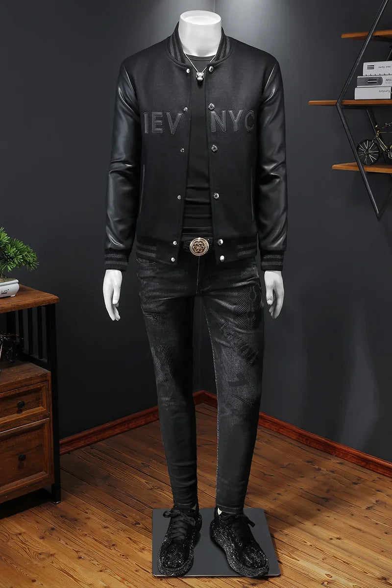 Handsome men's baseball collar patchwork jacket, high-quality baseball uniform, casual jacket, fashionable single breasted top