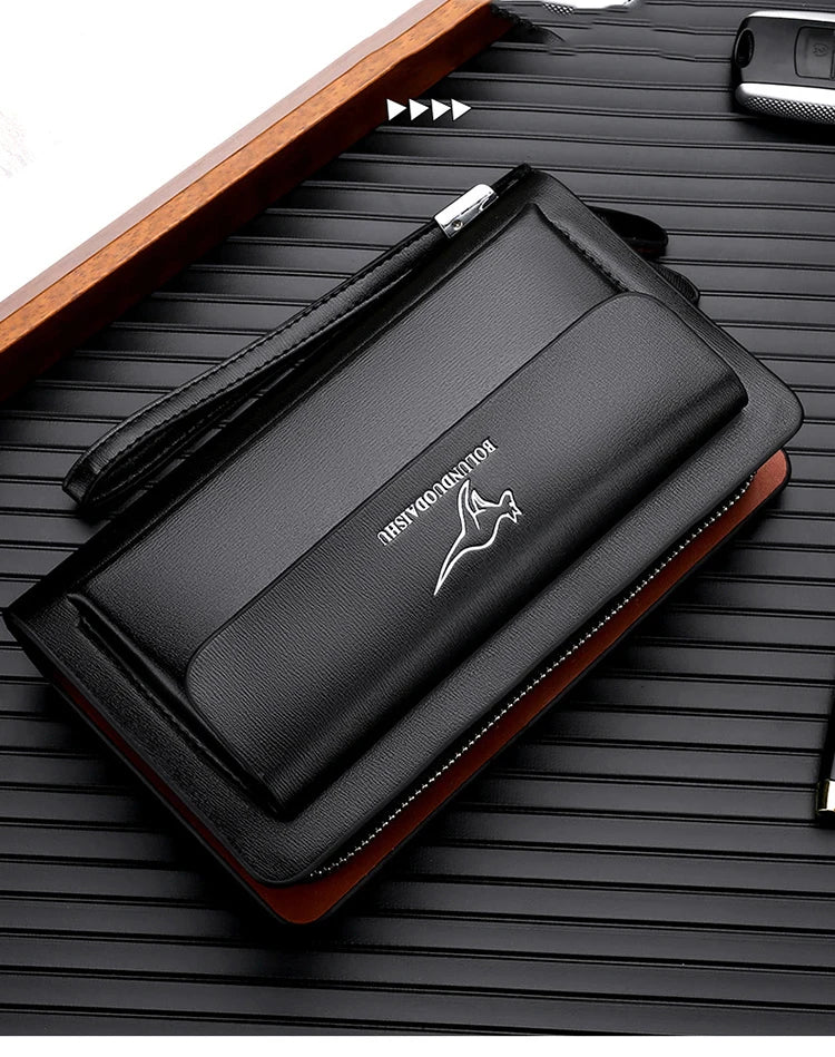 KANGAROO Brand Men Clutch Bag Fashion Leather Long Purse Double Zipper Business Wallet Black Brown Male Casual Handy Bag