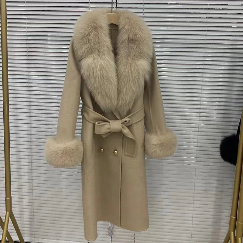 Long Women Wool Blended Coat With Big Real Fox Fur Collar Fashion Slim Winter Wool Jacket With Belt Outwear With Fox Fur Cuff