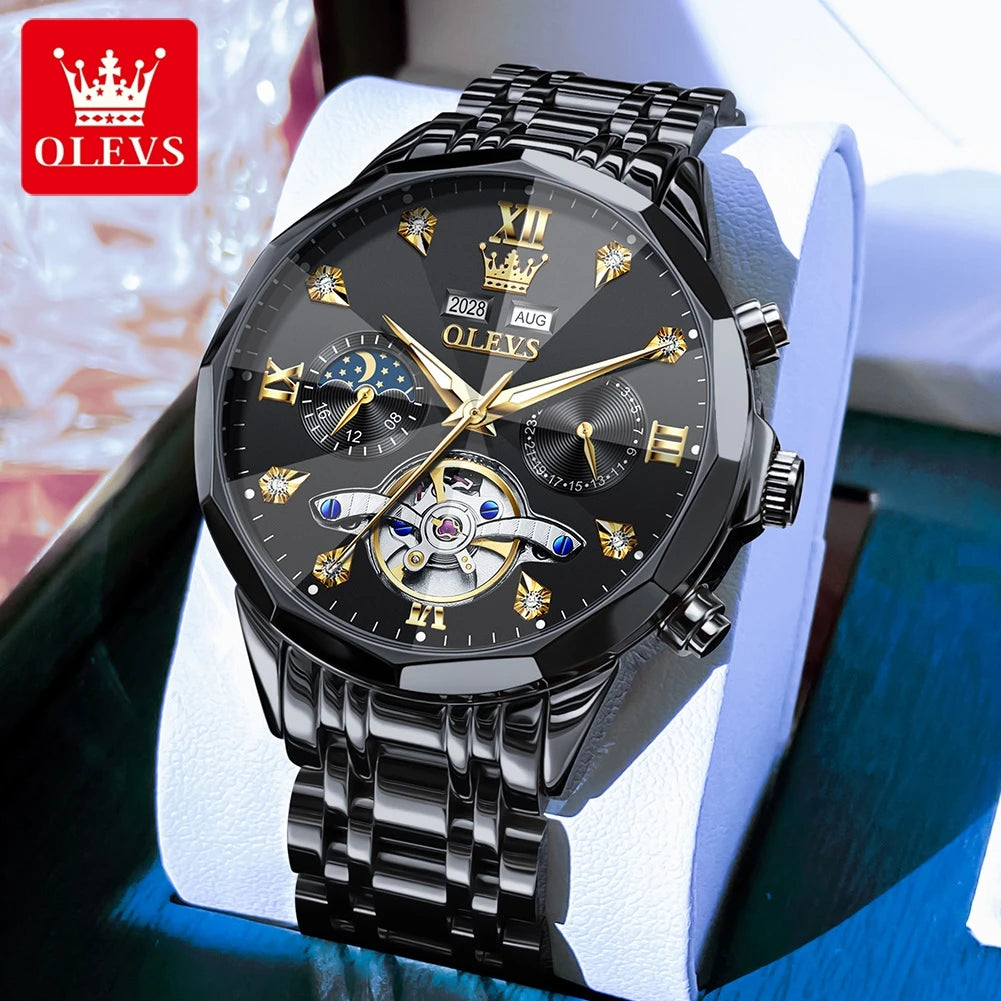 OLEVS 6621 Mens Watch High-end Automatic Mechanical Watches Flywheel Hollow Dial Calendar Moon phase Waterproof Man Wristwatch