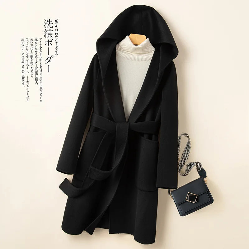 Women Double-sided Middle Long Length Woolen Hoodie Coat With Belt Lace Up Hooded Slimming Wool Jacket Autumn Winter Outerwear