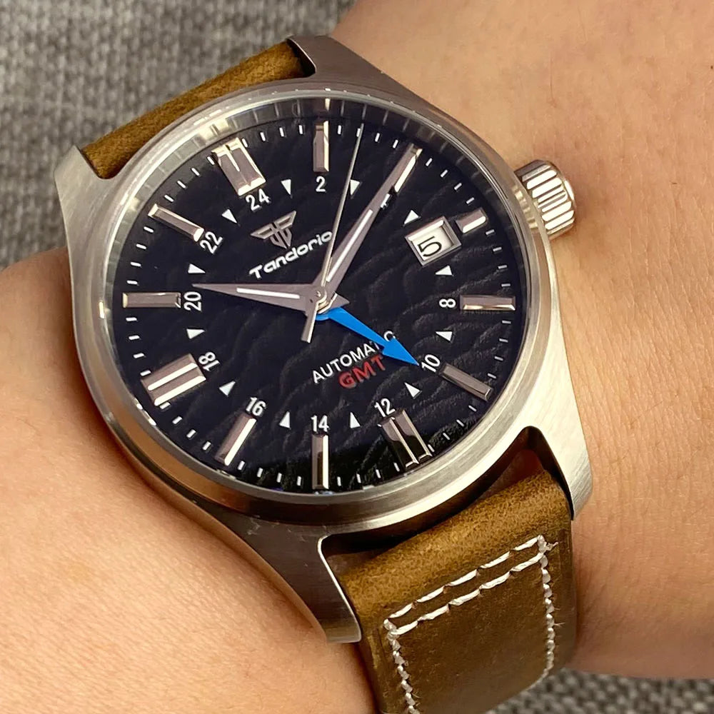 Tandorio Japan NH34 Automatic Mechanical Watch for Men Diver GMT Movement 200M Waterproof 39mm Sapphire Crystal Leather Band