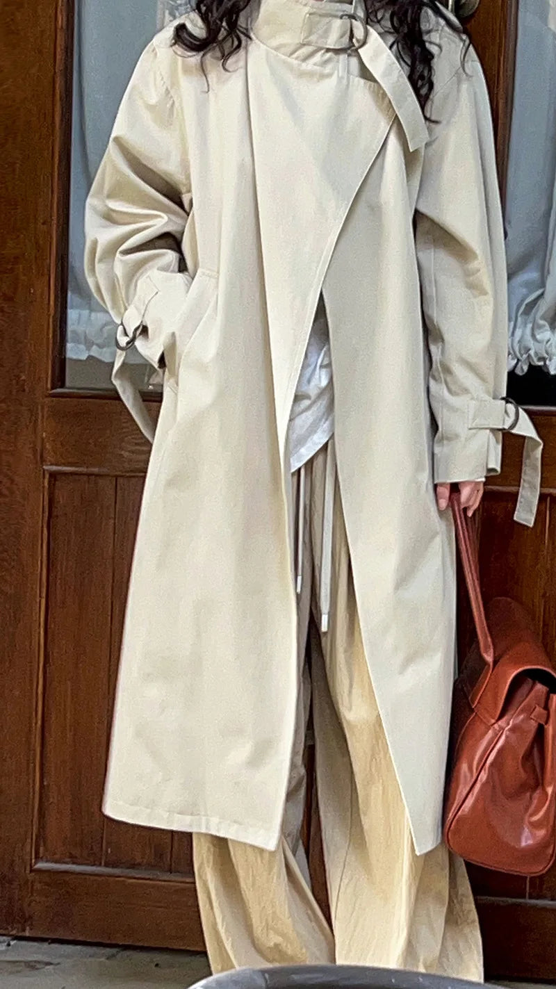 2023 Women Autumn Khaki Trench Coat Stand Collar Women Long Coat Casaco Feminino New Trench Femme