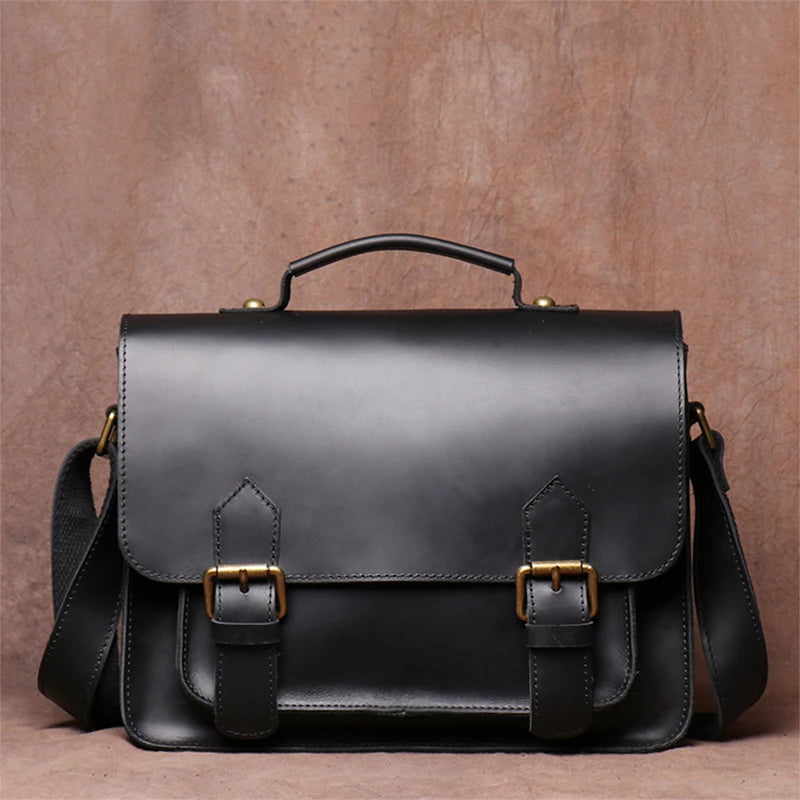 LUOKIR Men's Genuine Leather Handbag Vintage Cowhide Shoulder Crossbody Classic Flap Messenger Preppy Style Cambridge Book Bags