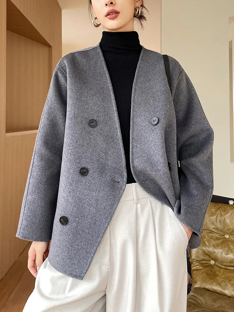 Women 100 Wool Tops Coat Fashion V-neck Short Coats Woolen Jacket Hand Sewing Autumn Winter Wool Blazer Double-Breasted #22