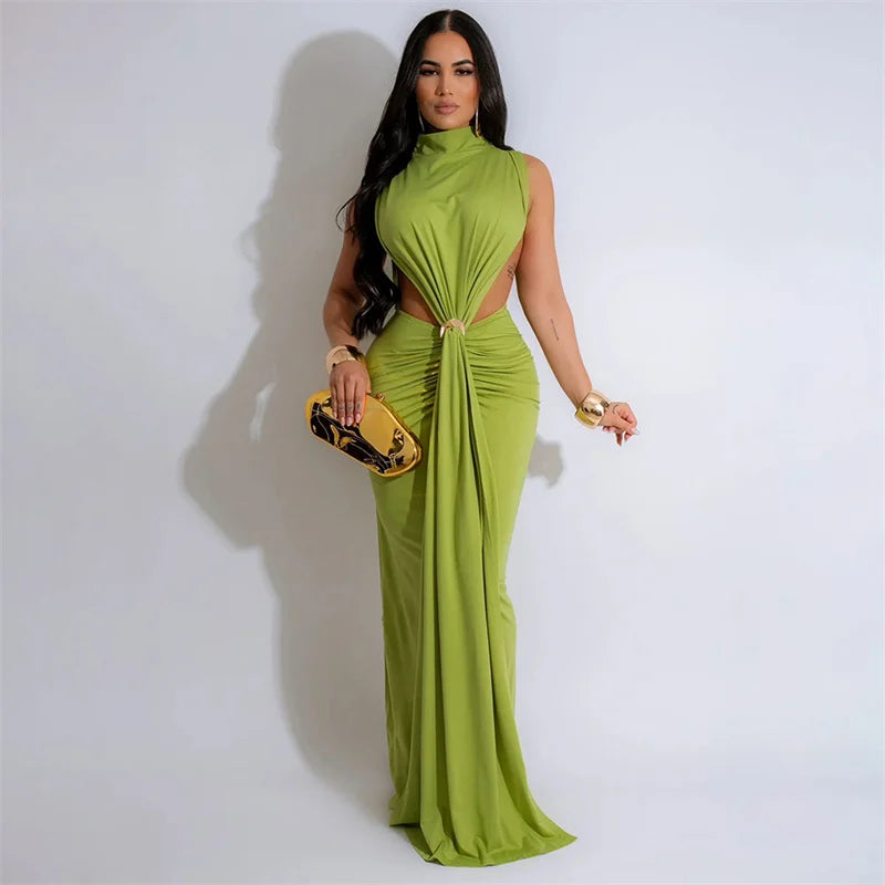 Elegant Celebrity Mermaid Maxi Dress Women Birthday Night Party Evening Prom Metal Ring Cutout Ruched Ribbon Formal Long Dresses