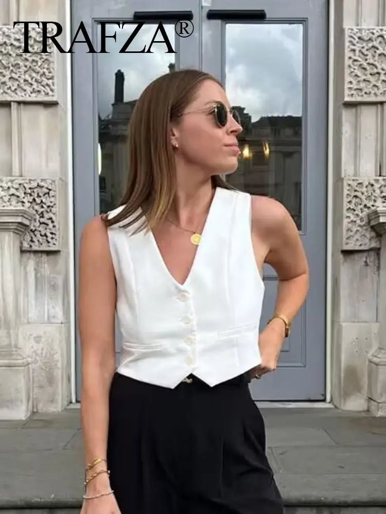TRAFZA Women Fashion Front Buttons Vest Cropped Waistcoat Vintage V Neck Sleeveless Vests Female Outerwear Chic Tops