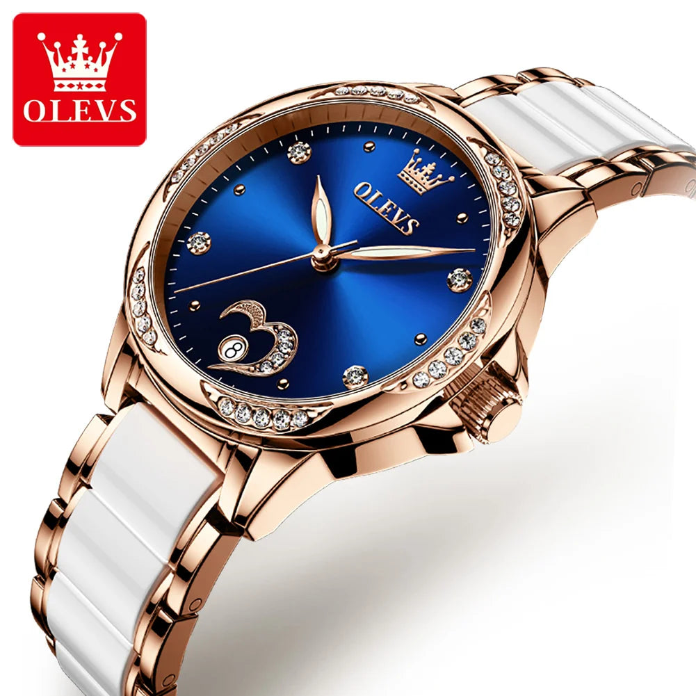OLEVS 6631 Top Original Automatic Watch for Women Fashion Heart Design Diamond Bezel Ceramics Strap Ladies Mechanical Wristwatch