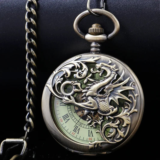 NEW Vintage Mechanical Pocket Watch Mens Hand-winding Skeleton Dragon Chain Retro Roman Numerals Display Pocket Clock