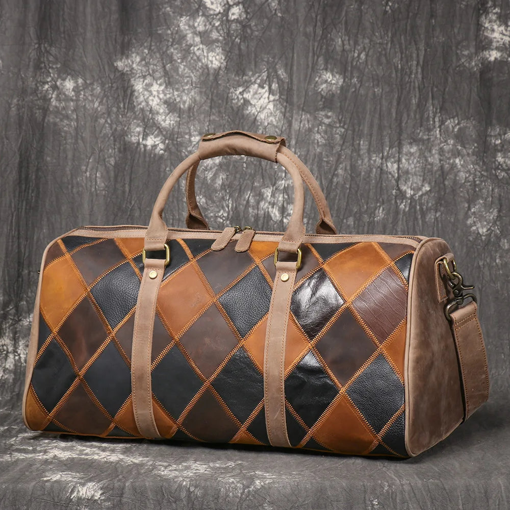 Vintage New Men's Genuine Leather Quilted Top-Layer Cowhide Handbag Travel Bag Shoulder Crossbody Business Luggage Bag