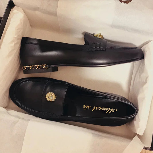 Spring Autumn Women's Loafers Round Toe Women Shoes Lace-Up Genuine Leather Thick Bottom Leather Loafers Shoes For Woman35-41