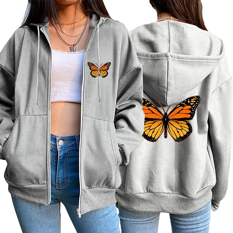 Butterfly Printed Hoodies for Women 2025 Hot Sale Hooded Longsleeve Jackets Autumn Home Outdoor Casual Fashion Ziiper Coats