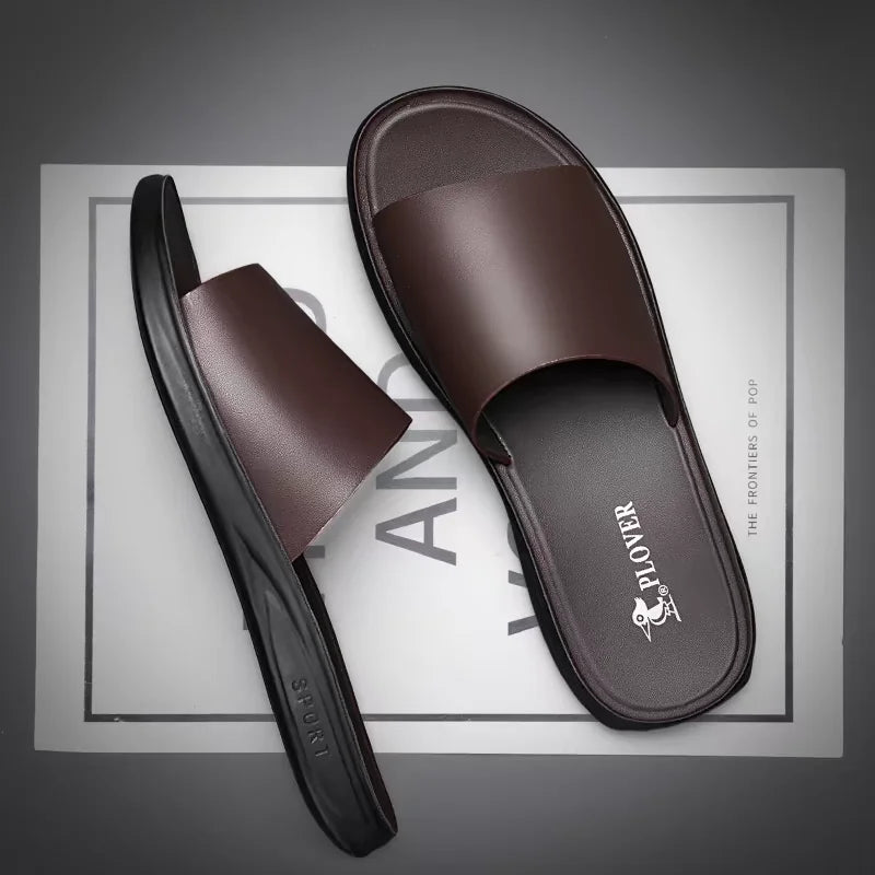 Slippers Men's beach shoes,Summer New Male slides,Peep Toe slippers Black/Brown calf leather shoes Adults Teenagers USA Fashion