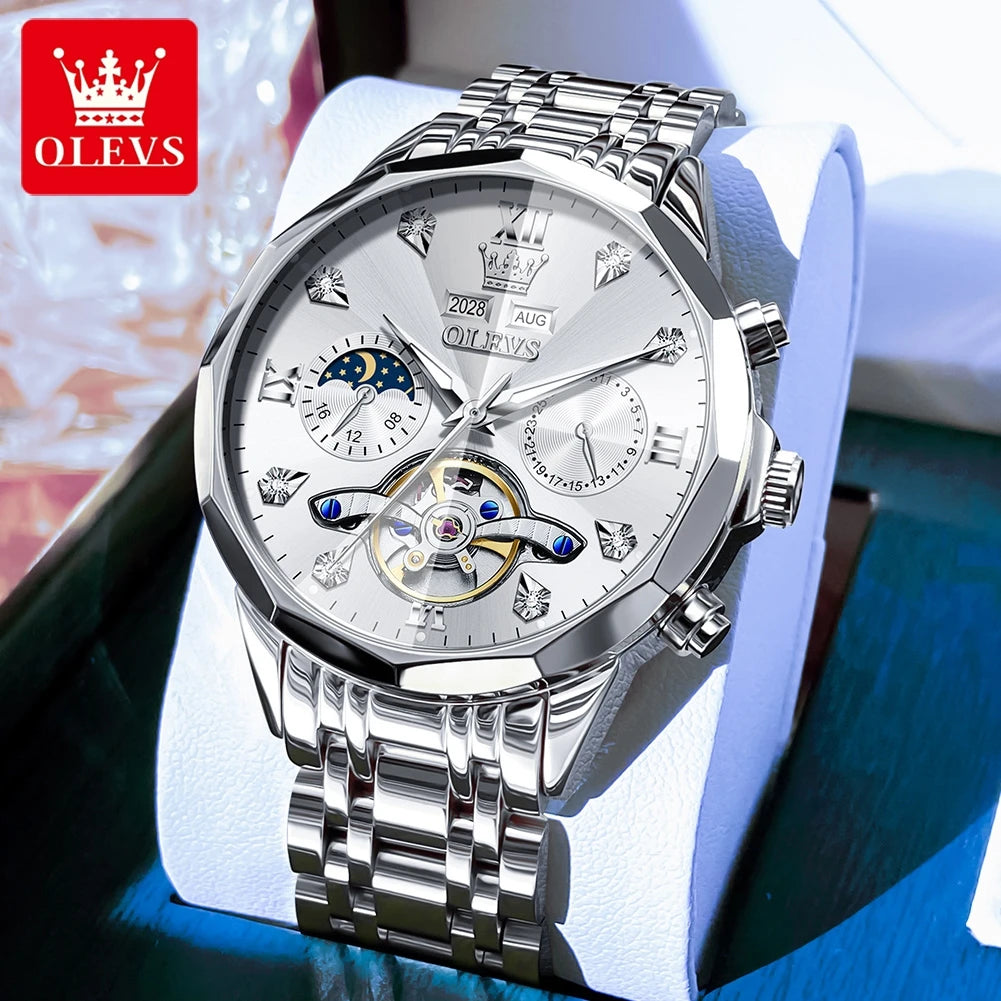 OLEVS 6621 Mens Watch High-end Automatic Mechanical Watches Flywheel Hollow Dial Calendar Moon phase Waterproof Man Wristwatch
