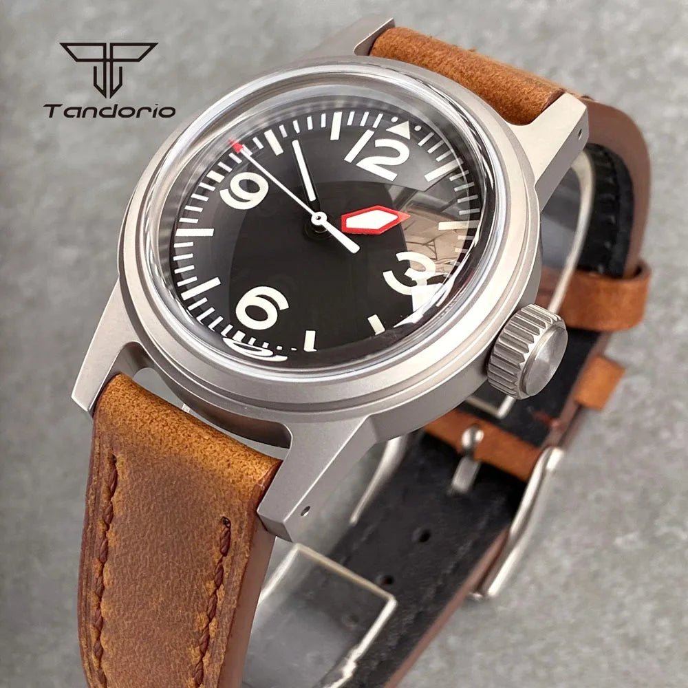 Tandorio Sandblasted 36mm Men's Dive Mechanical Wristwatch Domed Sapphire Crystal NH35 PT5000 20BAR Luminous Watch Date Leather