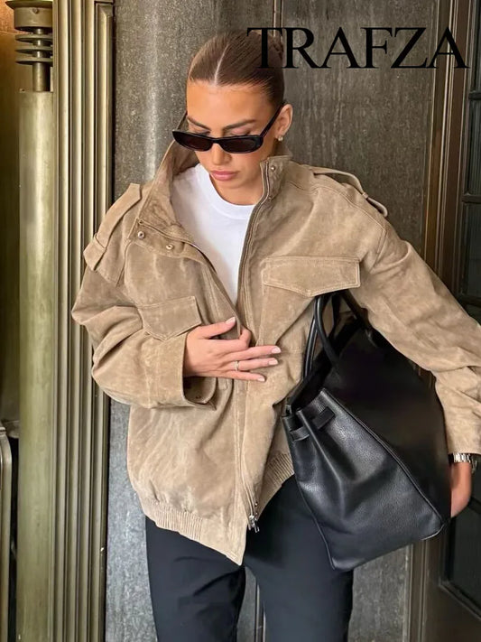 TRAFZA Women's New Fashion Long Sleeves Jackets Solid Turtleneck Pocket Decoration Zipper Female Autumn High Street Coats