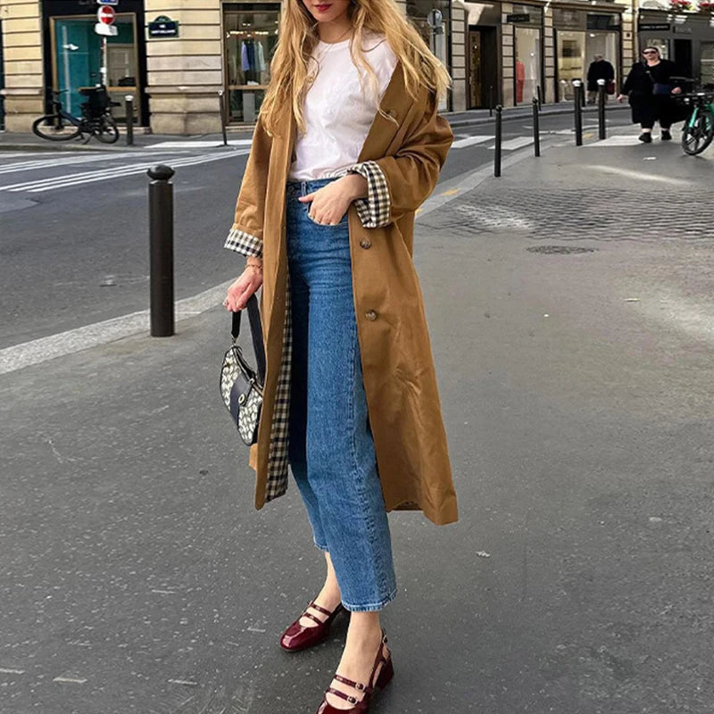 Flip Collar Single Breasted Long Jacket Cross border Fashion Women Personalized Street Slimming Trench Coat