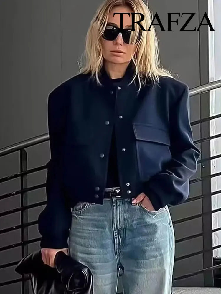 TRAFZA Women's Streetwear Elegant Solid Color Jacket Long Sleeve Button Slim Short Jacket Women's Fashion Casual Pocket Top Y2K