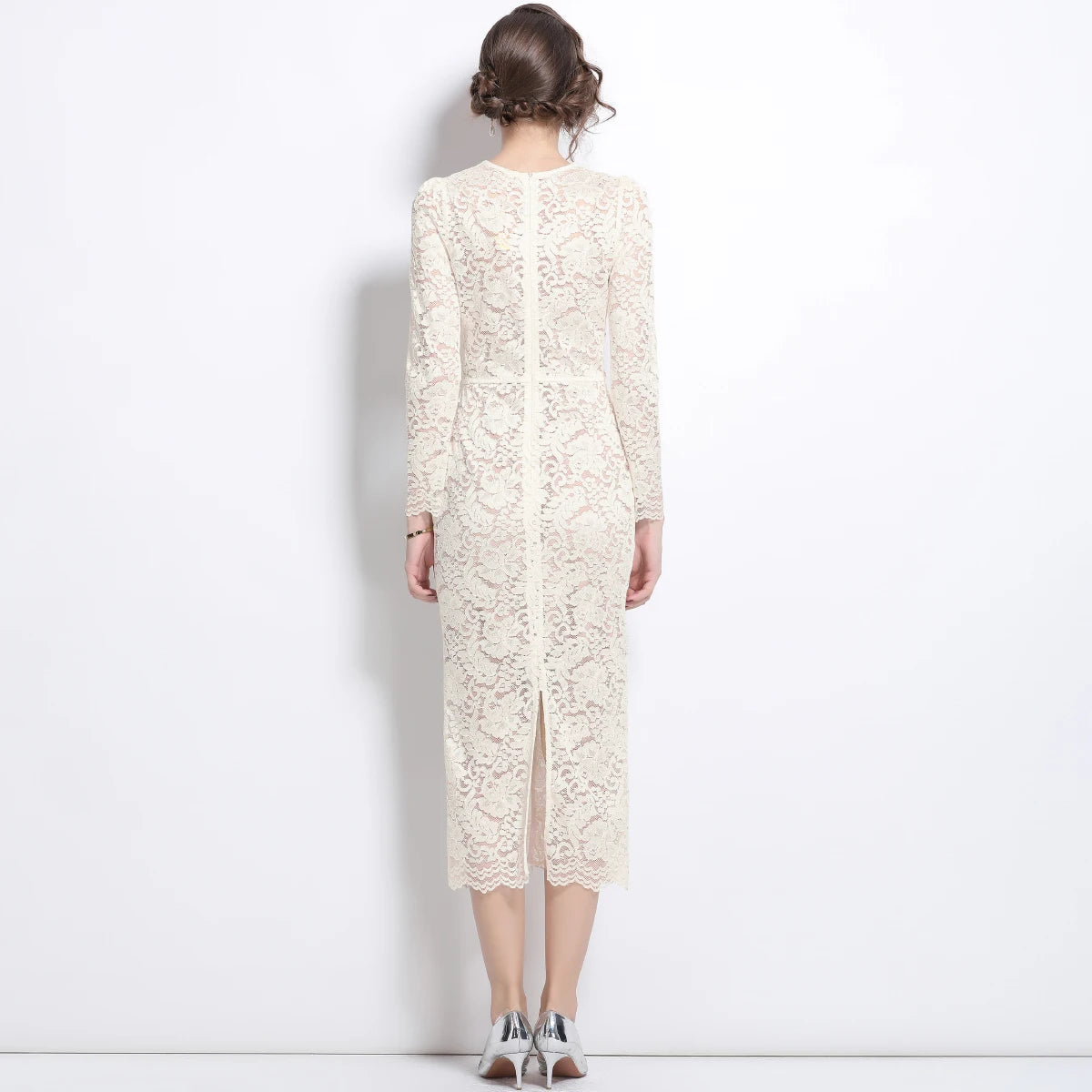 Elegant Luxury Crystal Embroidery Lace Evening Dresses Women Summer Autumn Long Sleeve Pencil Bead Chain Party Dress White
