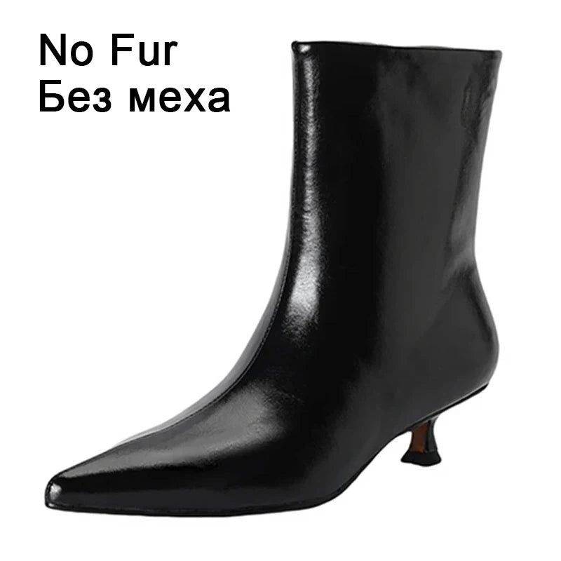 JOZHAMTA Size 34-43 Women Ankle Boots Real Leather Kitten Mid Heels Shoes 2025 Winter  Fashion Pointy Office Lady Daily Dress