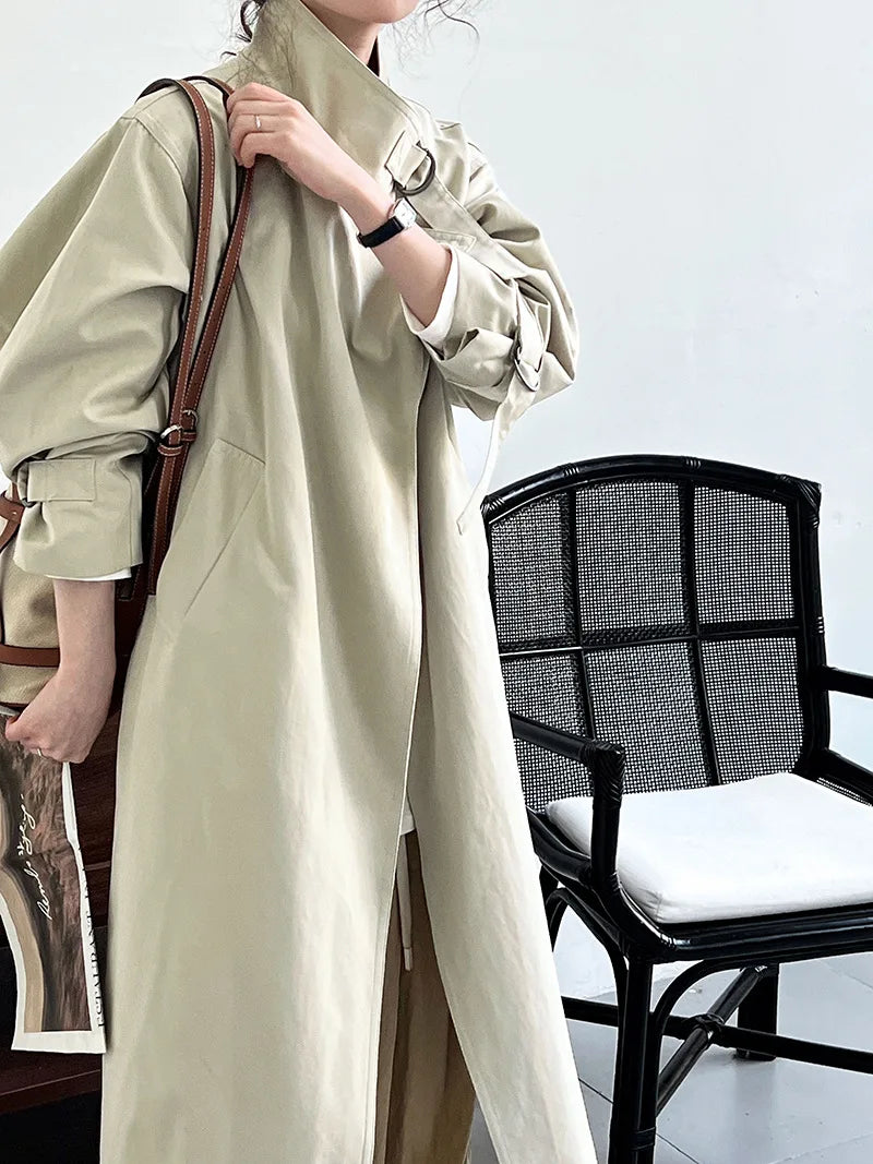 2023 Women Autumn Khaki Trench Coat Stand Collar Women Long Coat Casaco Feminino New Trench Femme