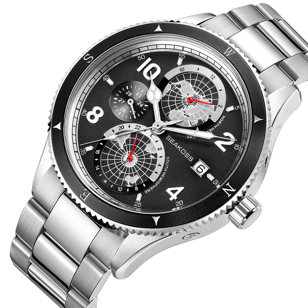 SEAKOSS 100m Diving Mens Earth Automatic Mechanical Watches Super Luminous Sapphire Wristwatches Calendar 24Hours Display Clocks