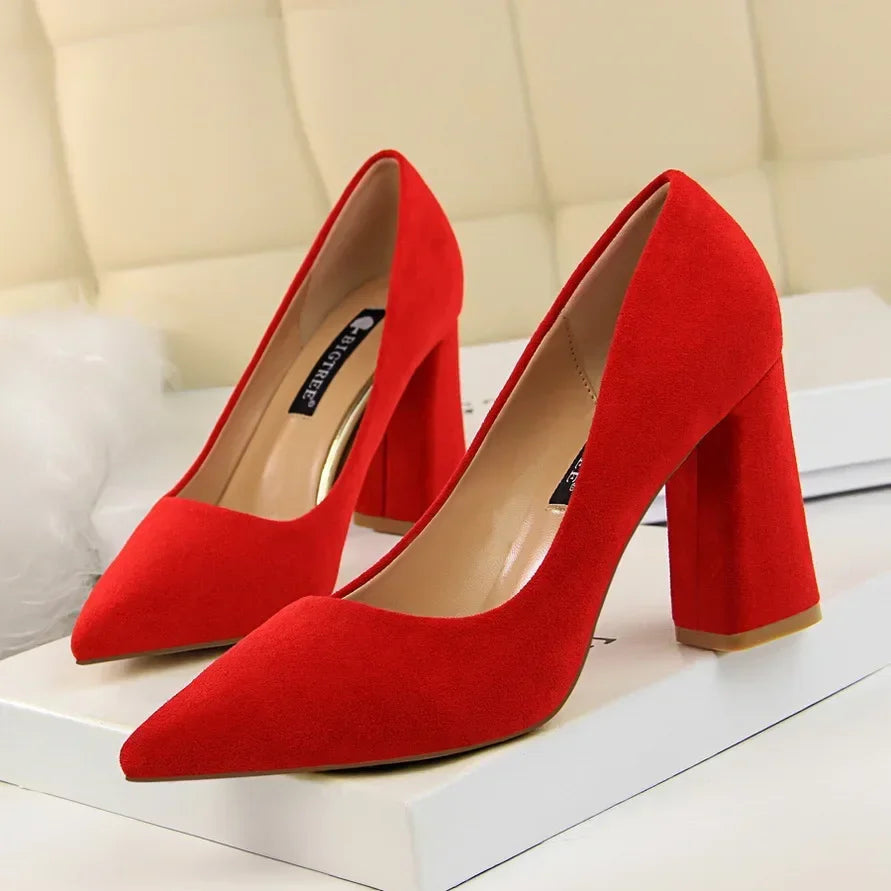 Women Elegant Suede 8.5cm High Heels Formal Occasion Pumps Lady Fashion Party Block High Heels Red Khaki Nightclub Dance Shoes