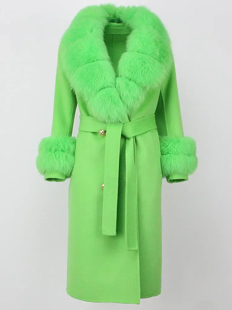 2024 Winter Jacket Women Long Natural Wool Blends Cashmere Real Fur Coat Double Breasted Belt Warm Wool Streetwear New Fashion